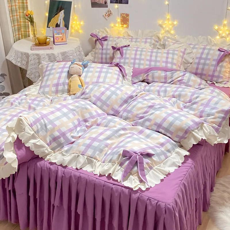 4pcs/set Cute Brushed Double Layer Lace Bed Skirt Bow Bedspread Bed Sheet Bedding Set Korean Version Girl Quilt Cover Four Piece Set