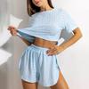 Summer 2 Piece Pajamas Set for Women Eyelet Short Sleeve Crop Top And Slit Shorts Set Casual Lounge Sleepwear Set