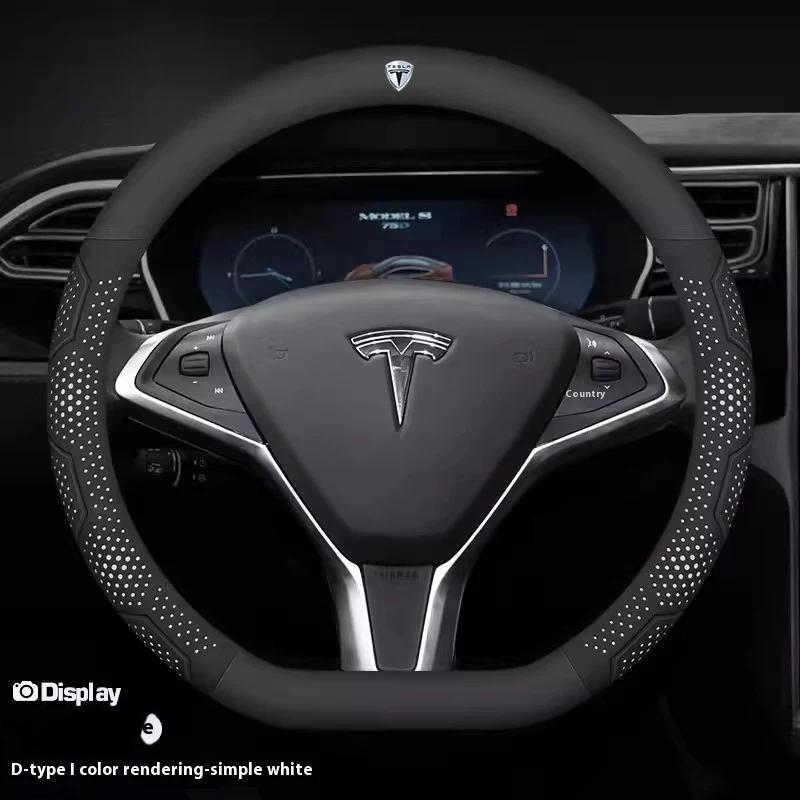 ALM1 Tesla Model 3 Y S Model X Roadster Car Carbon Fiber Suede Leather Anti-slip Breathable Car Steering Wheel Cover Auto Accessories