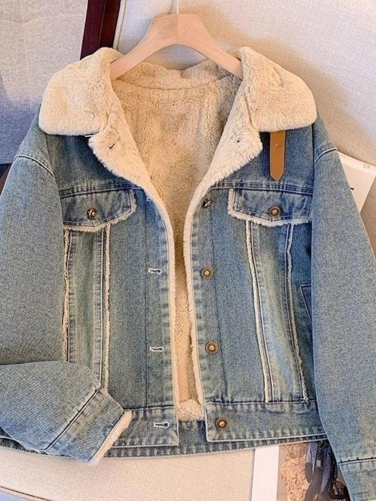 Зимняя винтажная джинсовая куртка с флисовой подкладкой, женская модная хлопковая подбитая куртка, повседневный темперамент в корейском стиле, ретро-куртка, пальто