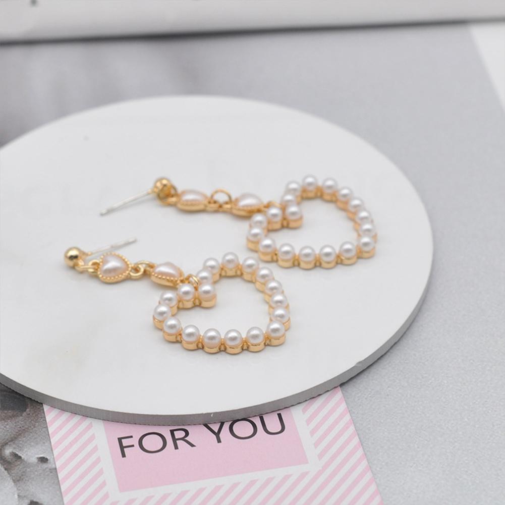 Women Cute Sweet Loving Heart Shape Long Style Pearl Earrings