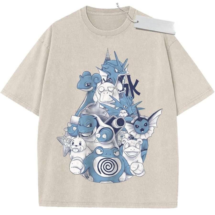 T Shirt Sports T Shirt Short Sleeve T Shirt Multi Color Unisex Pure Cotton Washed Vintage Pokemon Characters Blue Print Design