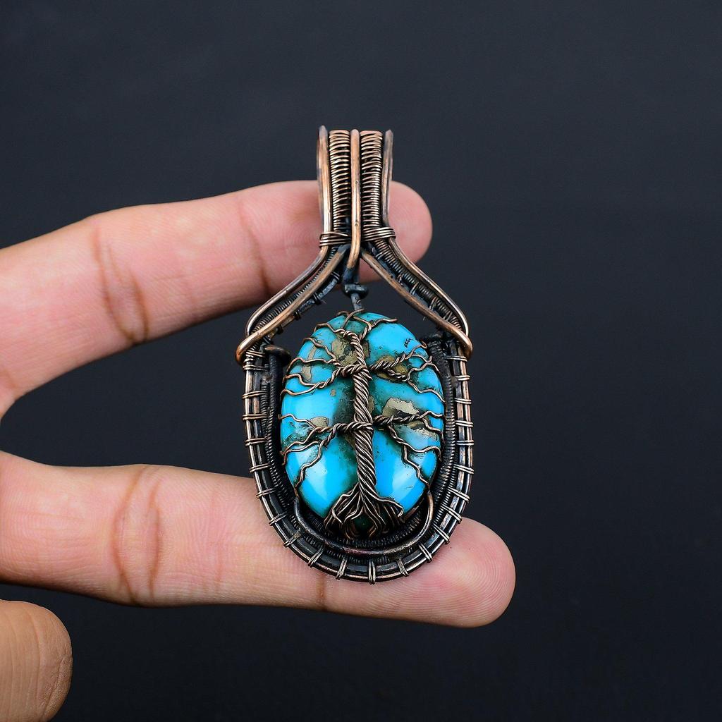 Древо жизни бирюзовый драгоценный камень чистая медная проволока обернутая подвеска ручной работы ювелирные изделия
