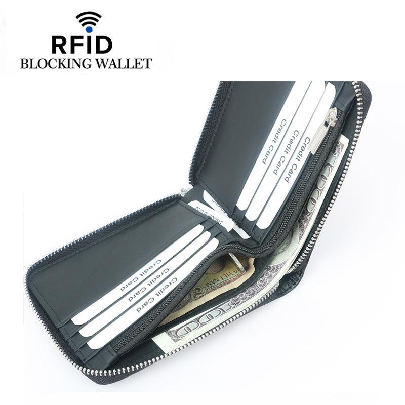 RFID мужской кошелек из воловьей кожи: Защита от кражи, Узор из углеродного волокна, Много отделений для карт, Застежка-молния, Европейский и американский стиль