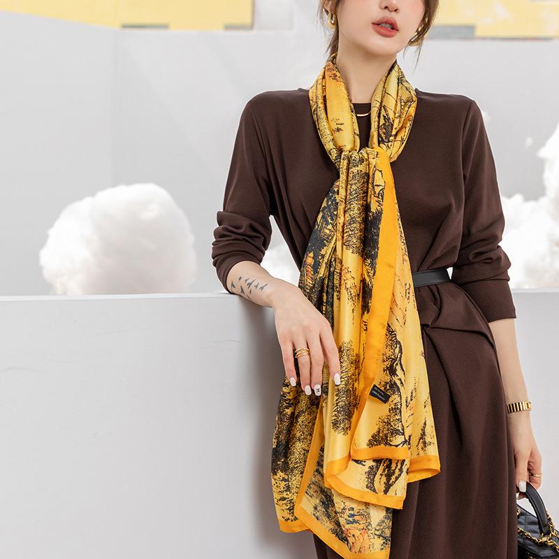 Весенне-летний тонкий атласный длинный платок в китайском стиле в стиле ретро Цинмин Шанхэ Ту Лицзин Элегантный женский солнцезащитный декоративный шелковый шарф