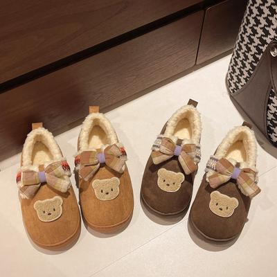 Модные женские плюшевые хлопковые туфли Зимние повседневные теплые домашние тапочки Модные мягкие удобные нескользящие уличные туфли на плоской подошве Мультяшный бант