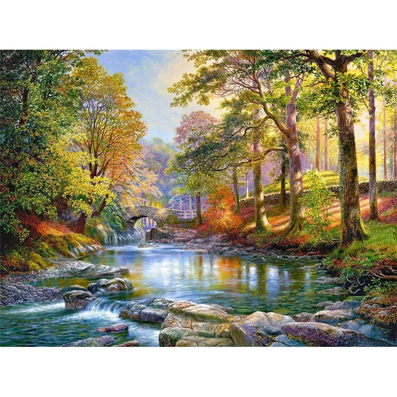 Diamond Full Waterfall Round Painting Home Decor Diamond Embroidery Mountain Tree Scenery Mosaic Sticker Decor