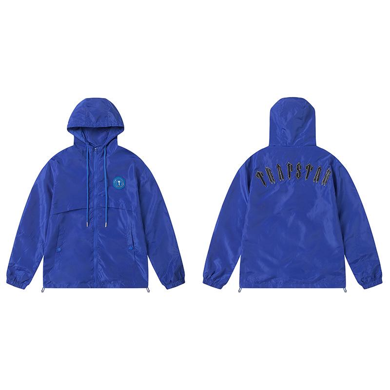 Trapstar Retro Stand Collar Blue Cotton Jacket with Small Logo Embroidery - Loose Fit Outerwear for Couples
