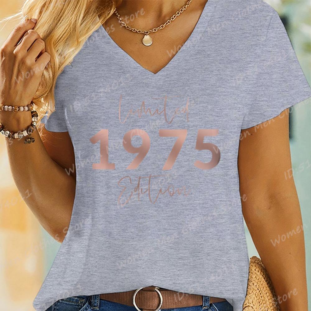 Vintage 1975 Limited Edition Print T-shirts For Women 70th Birthday Gifts Summer V-Neck Short Sleeve Tees Fashion Women T-shirts