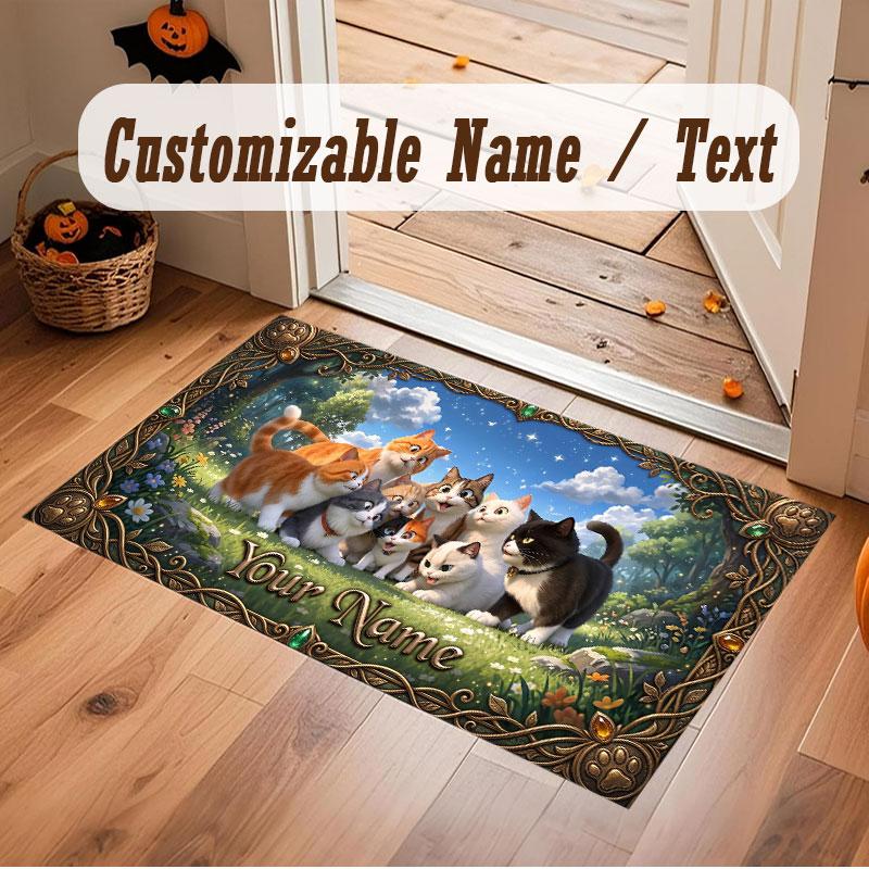 Cat Theme Crystal Velvet Floor Rug Personalized Custom Name Text Warm Carpet Home Decoration