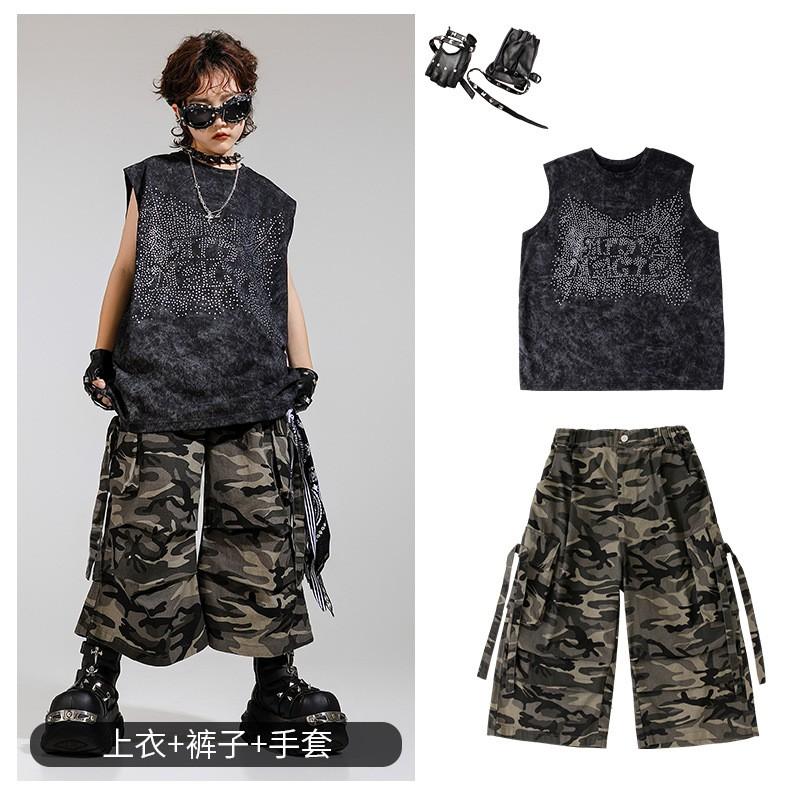Kids Hip Hop Breakdance Outfit Set Boys Girls Sleeveless Rhinestone Vest Camo Shorts Performance Costume