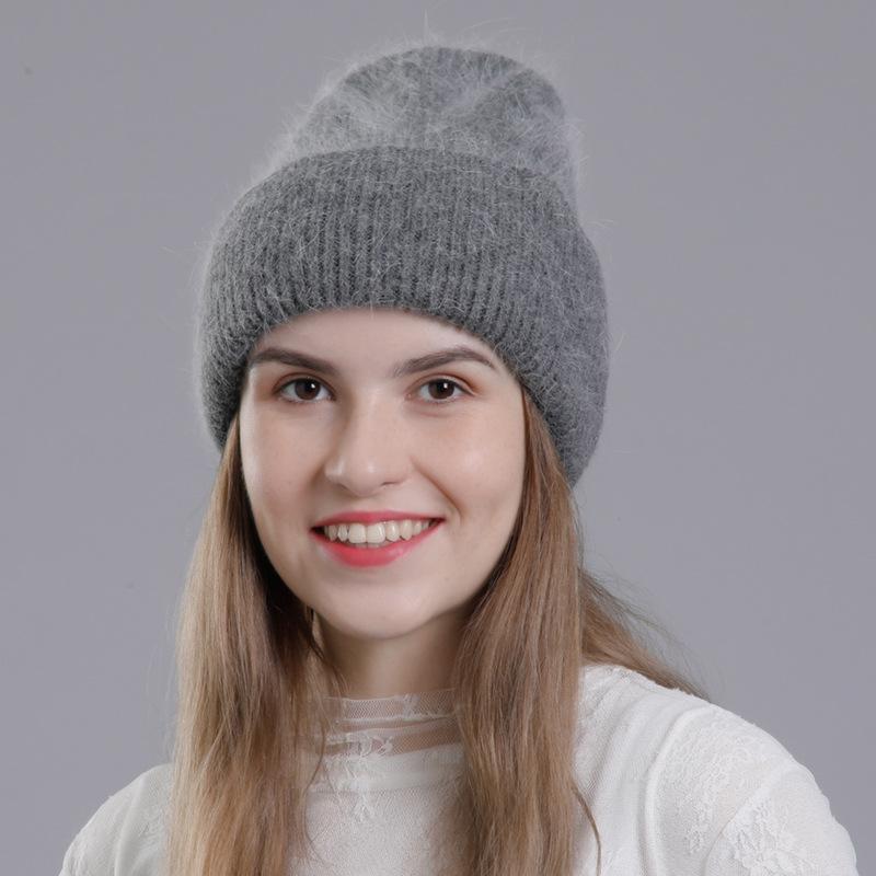 Women Autumn Winter Versatile Rabbit Hair Warm Knitted Wool Solid Color Pullover Hat