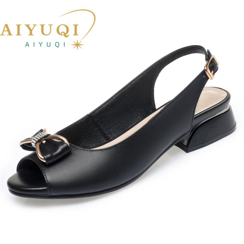 Fashion AIYUQI Women Sandals Genuine Leather 2025 Summer New Open Toe Fashion Bow Women's Sandals Fish Beak Large Size Sandals Ladies