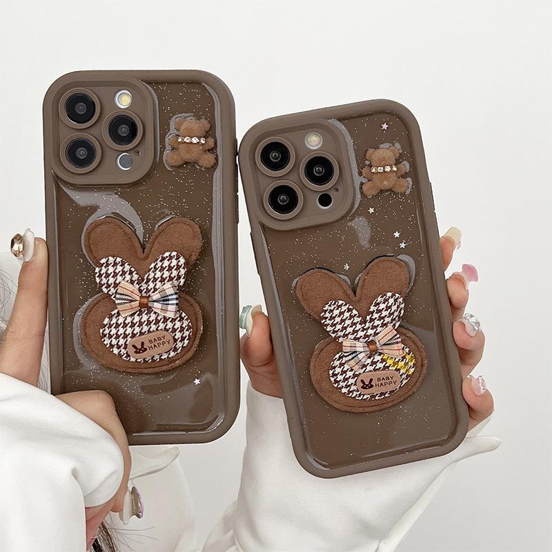 Чехол для мобильного телефона Wind Flash Powder Brown Rabbit для iPhone 16 Pro Max Медведь Яблоко 15 Всесторонний X Противоударный