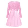 Girls Christmas Glittery Sequin Party Gown Round Collar Long Sleeve High Waist Knee Length Belted Pleated Formal Event Dress