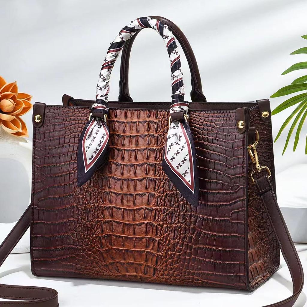 Crossbody Handheld Womens Bag With Crocodile Embossed And Silk Decoration Scarf