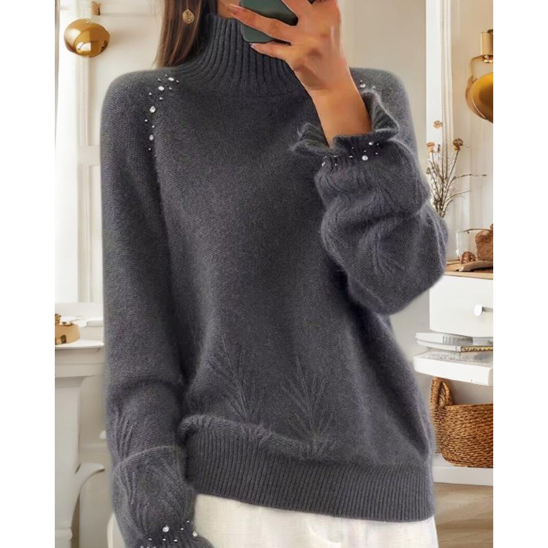 Tooxika Женская одежда 2024 Осень и зима Новый однотонный длинный рукав Nail Diamond с высоким воротом вязаный свитер пуловер жаккардовый свитер женский