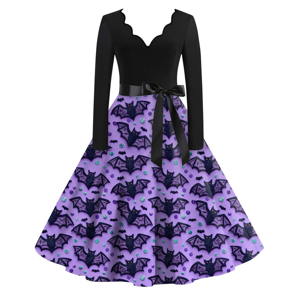 Женская повседневная мода с длинным рукавом Хэллоуин принт винтажные длинные платья осень