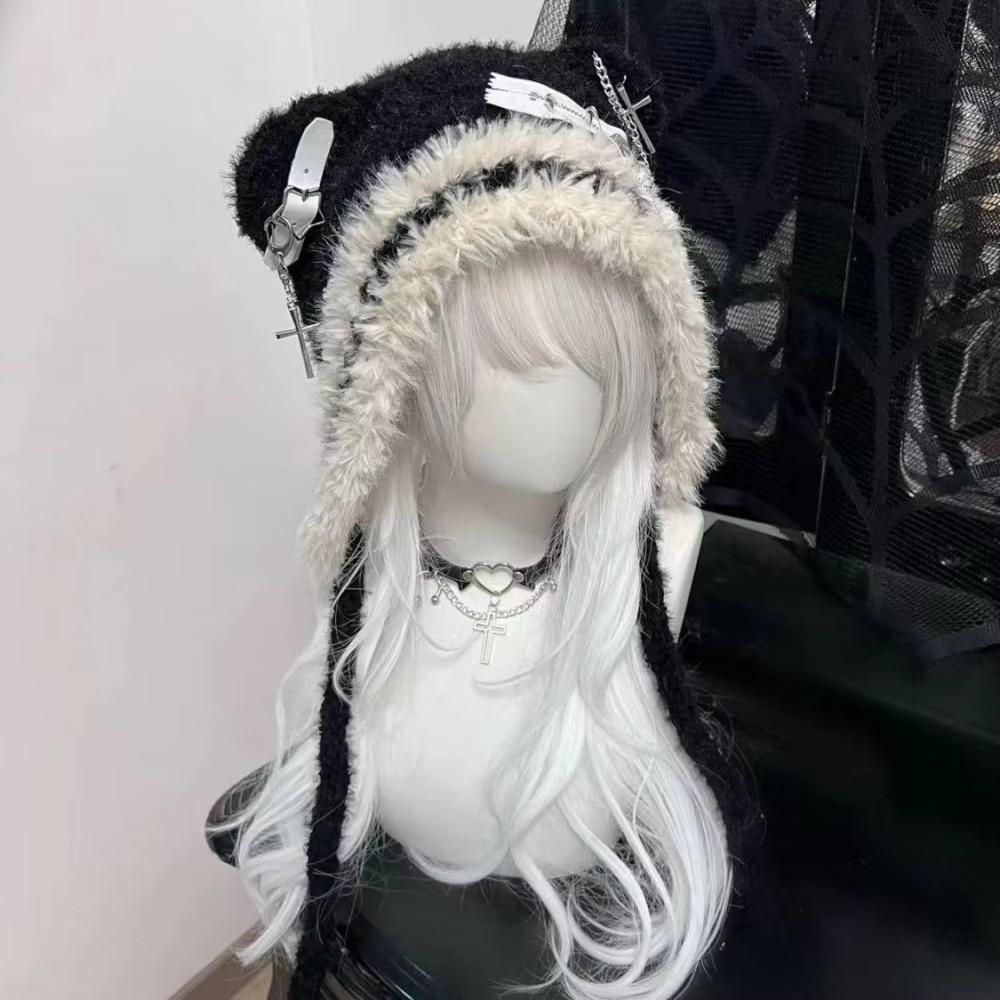 Пушистая готическая шапка-бини Harajuku для дерзких девушек, вязаная панк-лолита шапка с косточкой, крестом, звездой, в стиле Y2K