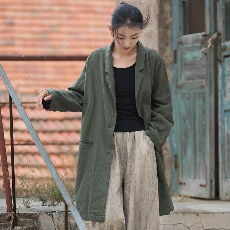 Johnature Women Vintage Ramie Cotton Tailored Coat Solid Color Long Sleeve Pockets Clothes Autumn Loose Coats