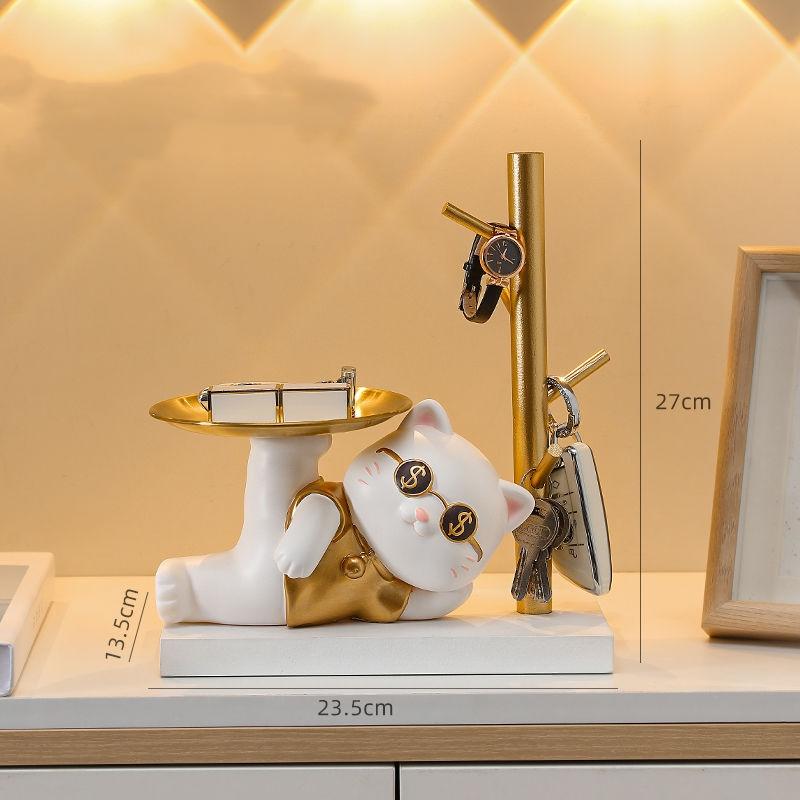 NEW Lucky Cat Statue Room Decor Cosmetic Storage Tray Nordic Home Decor Living Room Table Decoration Snacks Storage Decoration