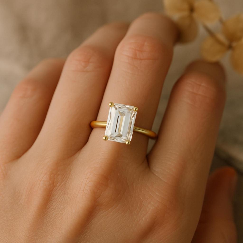 Yellow Gold Plated 925 Sterling Silver Emerald Cut Cubic Zirconia Solitaire Ring – Classic Engagement, Promise & Fashion Jewelry for Women