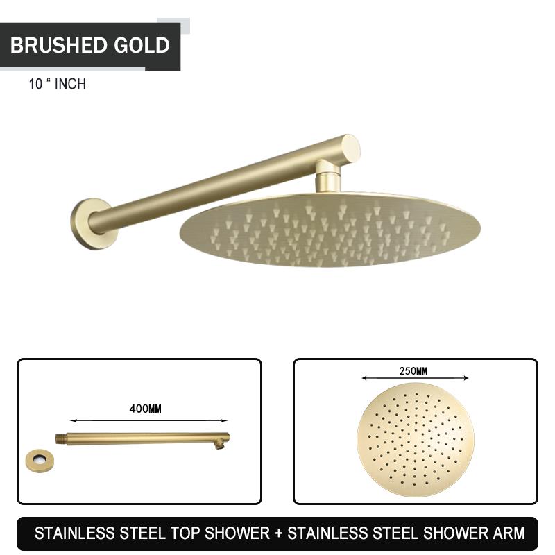 Brushed Gold Black Chrome Grey Overhead Shower Head Shower Arm Big Round Stainless Steel 8/10/12 Inch Rain Shower Indoor Outdoor