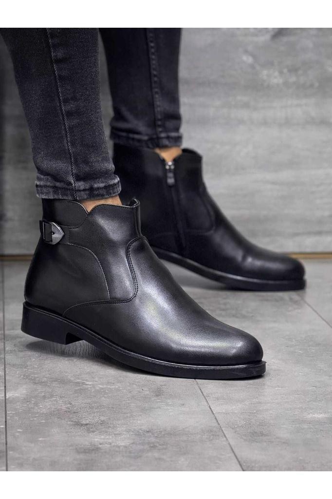 Men's Fashion Flat Heeled Booties Black Buckle Detailed Leather Orthopedic Daily Stylish Comfortable Boots Shoes