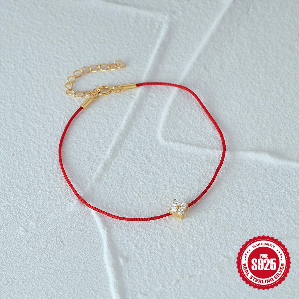 Простой повседневный универсальный женский браслет из серебра 925 пробы с одним бриллиантом и цветком клевера с красной веревкой