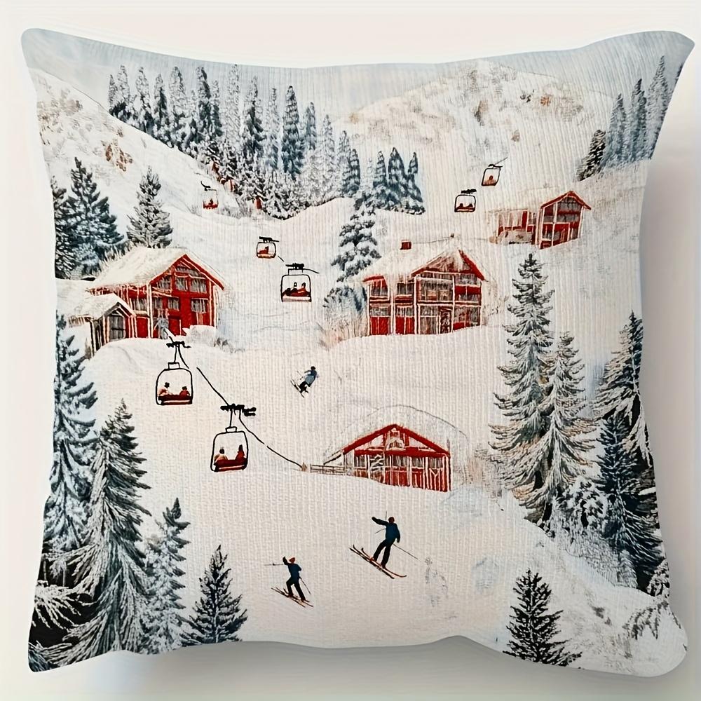 Vintage Ski Resort Pillow Cover Winter Mountain Chalet Print Cozy Skiing Lodge Cushion Case For Sofa Bed Couch Home Decor