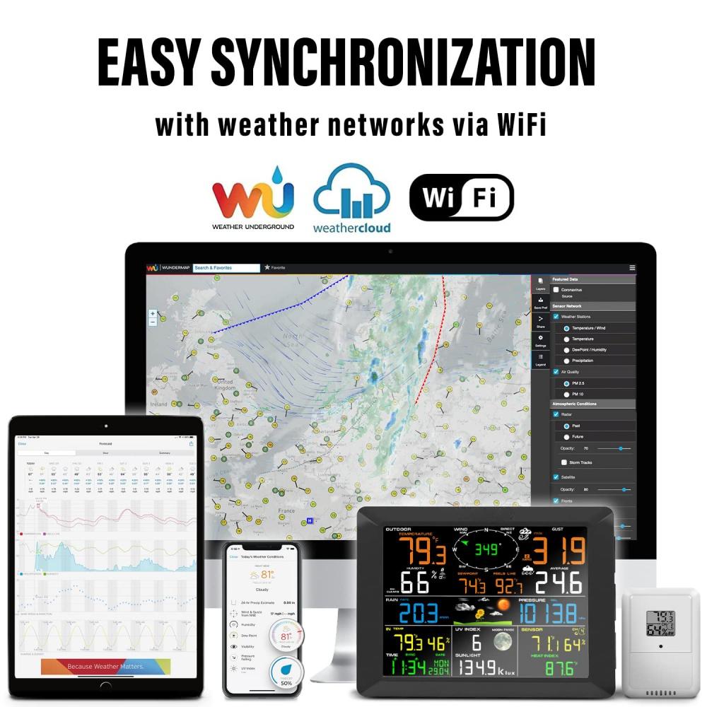 Professional Internet WiFi Weather Station with Outdoor Sensor Remote Monitoring System, 10.2 Inch Color Display with Rain Gauge, Temperature and UV