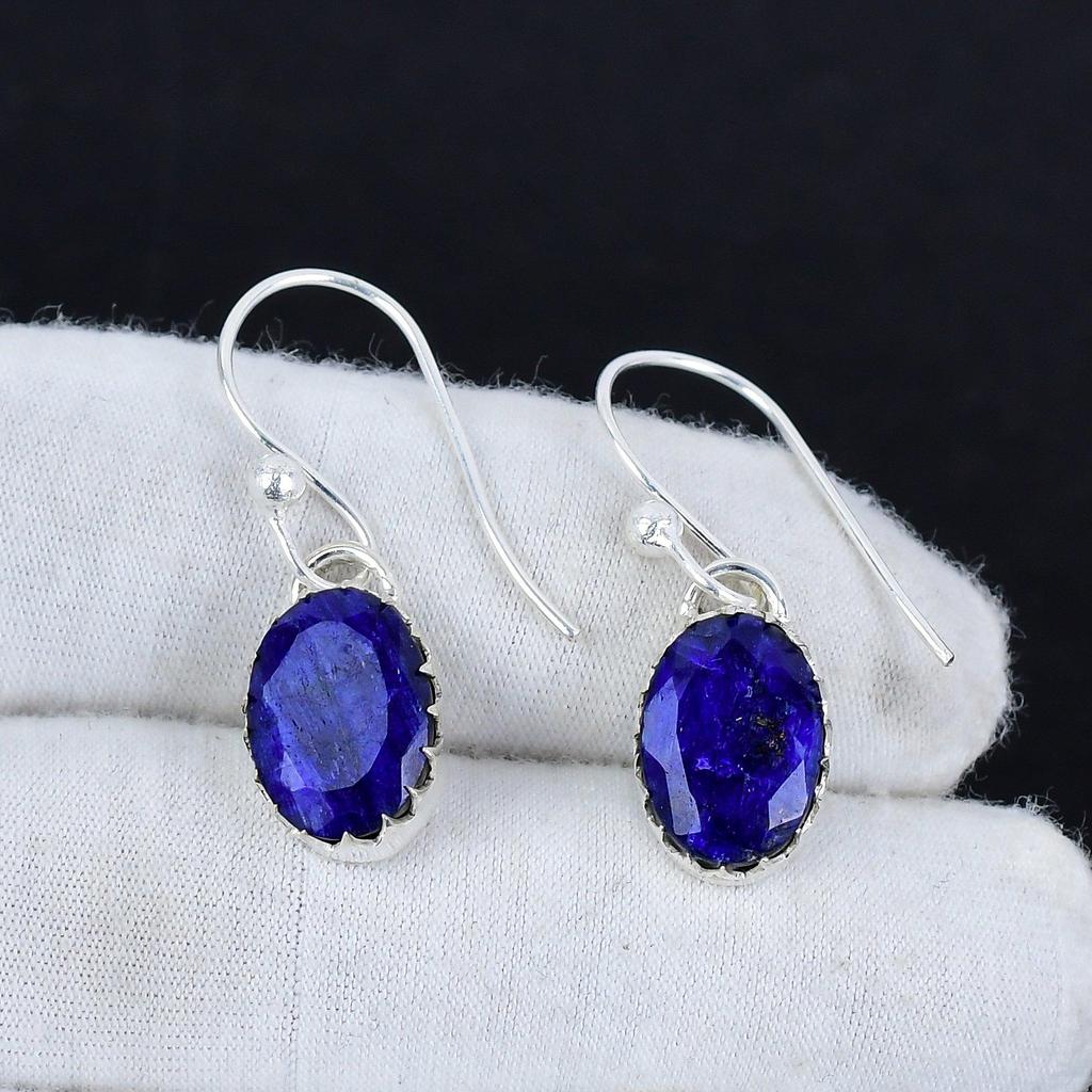 Blue Sapphire Gemstone 925 Sterling Silver Earring, Boho Silver Jewelry Dangle Earrings, Gifts For Wadding Gifts For Her