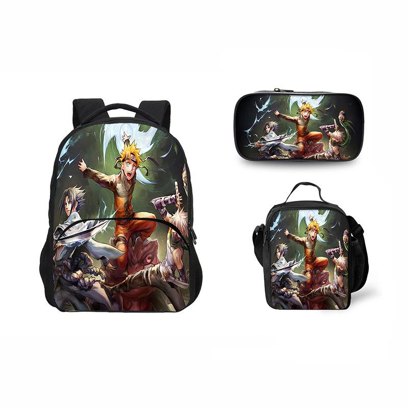 Printed Naruto three-piece set Children's school bag Meal bag Pencil bag Male and female students Backpack