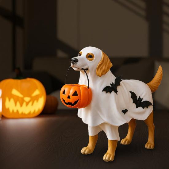 Yousheng Halloween Ornament Dog Holding Pumpkin Bowl Ghost Statue Quirky Pet Figurine Indoor Outdoor Decoration