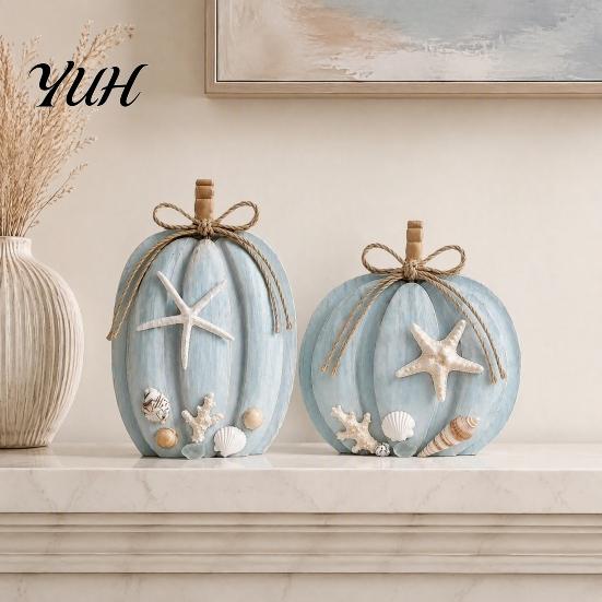 Modern Autumn Tabletop Decorations 2Pcs 2D Flat Coastal Pumpkin Ornaments, Wooden Ocean Theme Thanksgiving Table Decor Decoration with Starfish