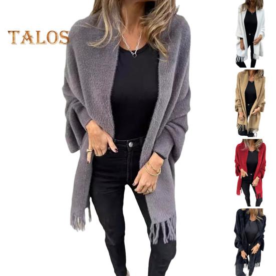 Winter Fall Women Jacket Thick Fleece Fringe Tassel Hem Long Bat Sleeves Open Stitch Cardigan Knitted Fuzzy Mid Length Coat Outdoor Daily Wear Shawl