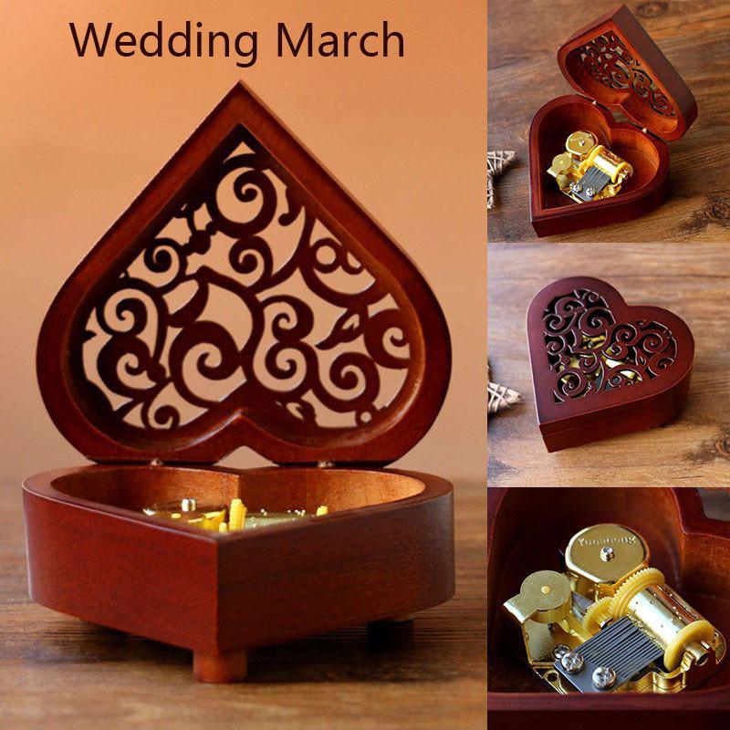 Очаровательная прямоугольная музыкальная шкатулка из дерева с резьбой в виде сердца, заводная, с мелодичными мелодиями