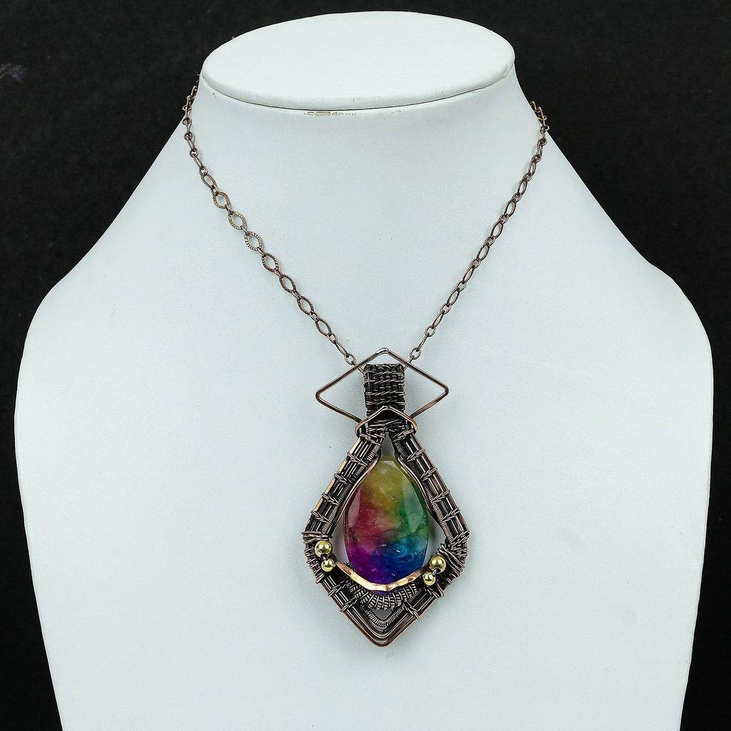 Радужный солнечный кварцевый кулон с друзами, кулон из медной проволоки, стильный кулон ручной работы, медная проволока, ювелирные изделия, кулон с драгоценным камнем для подарка