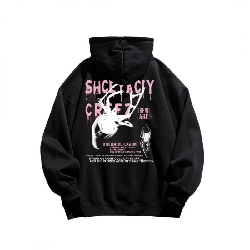 Mens Oversized Hooded Sweatshirt With Spider Print Winter Fleece Lined Casual Streetwear Couples