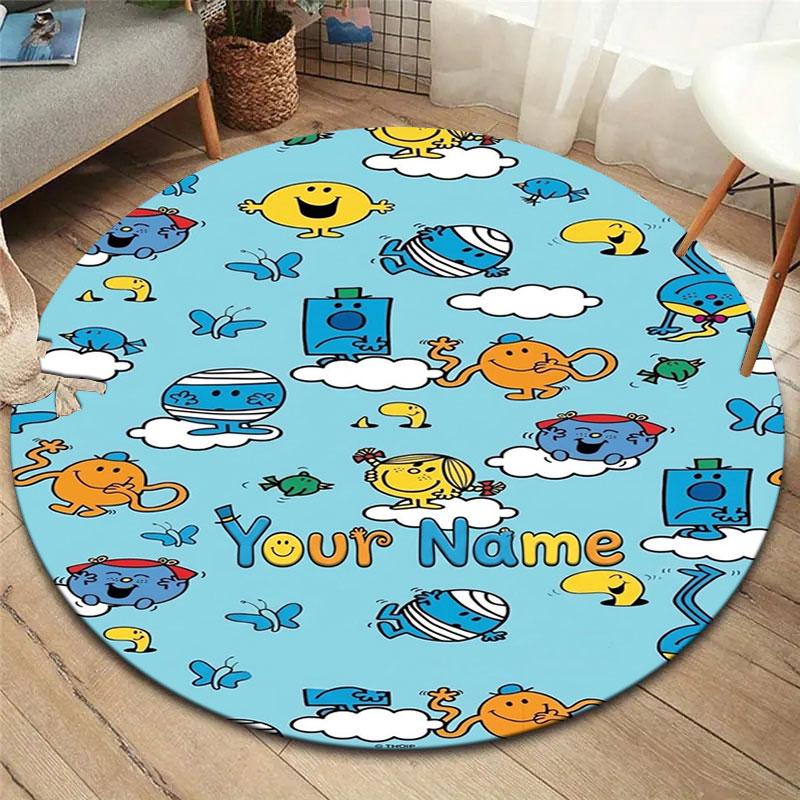 Mr. Men Little Miss Custom Name Round Area Rug,Carpet Rug for Living Room Bedroom Sofa Playroom Decor,Non-slip Floor Mat