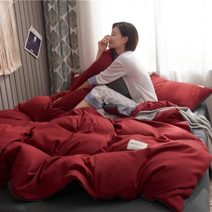 2024 new solid color double polished bed four-piece set Japanese bed sheet quilt cover mattress student kit multi-specification