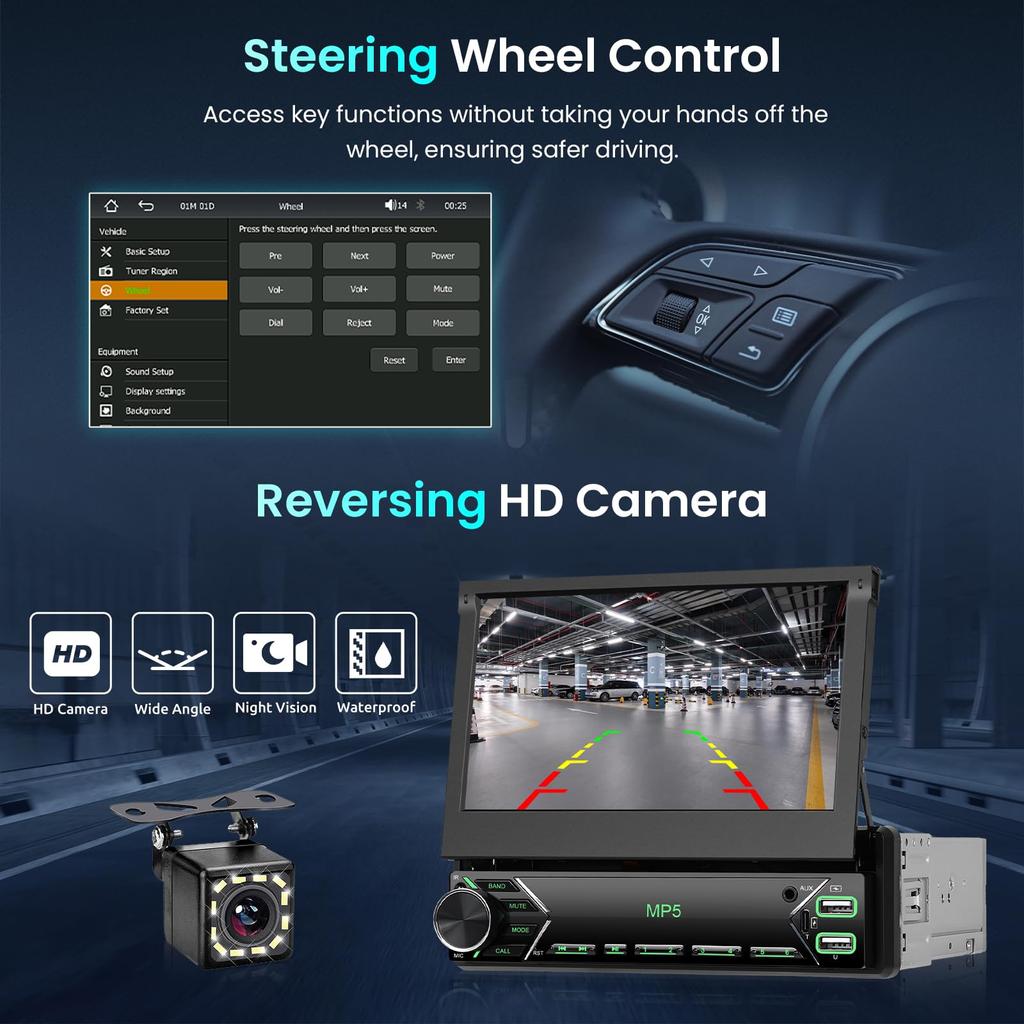 1DIN автомобильная аудиосистема с сенсорным экраном, автомобильное стерео радио CarPlay Android Auto Android Hodozzy SWC Mirror Link FM-радио EQ 7-дюймовая раскладная автомобильная стереосистема с цветным дисплеем