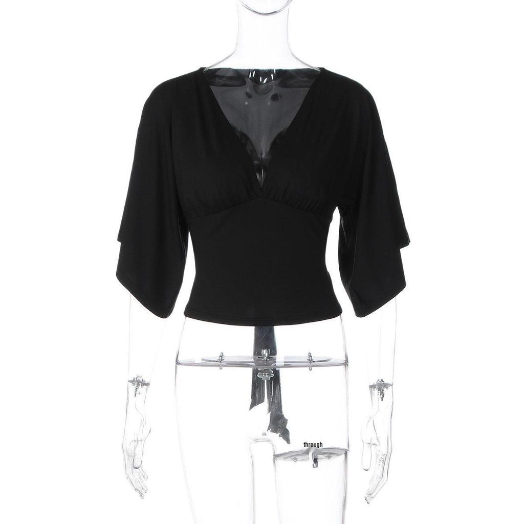 Women's European Deep V-Neck Short Sleeve Tie-Waist Slim-Fit Summer Top
