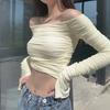 VAYLA Mesh Patchwork Women Long Sleeve Crop T Shirt Ruched Off Shoulder Bodycon Sexy Elegant Streetwear Spring Summer