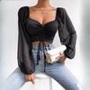 Summer V-neck Chiffon Drawstring Lantern Sleeve Tight Fashion Sexy Shirt Short Top