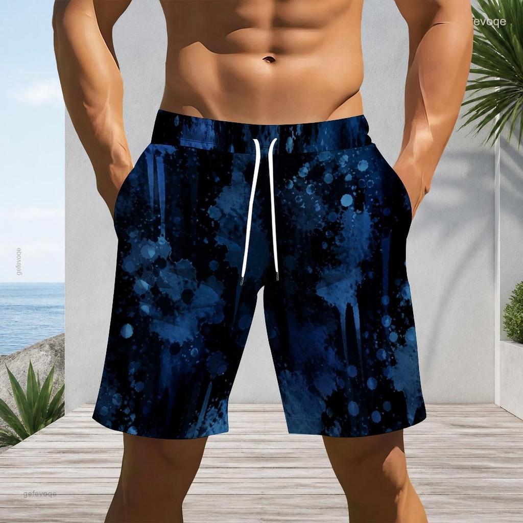 Men s Blue Ink Splatter Print Beach Shorts Quick Dry Drawstring Casual Shorts With Pockets For Summer Swimming Surfing