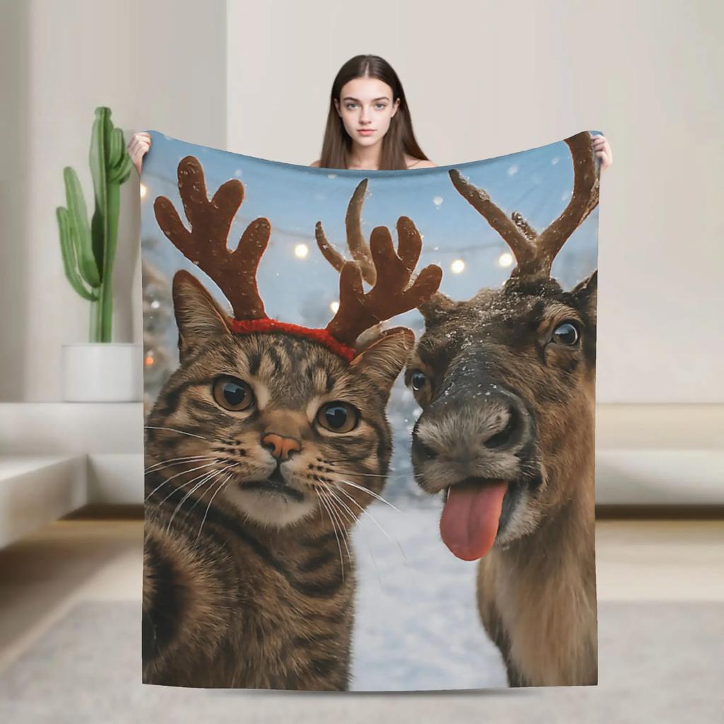 Warm Soft Flannel Blanket for Kids and Adults Funny Cat with Santa Claus Christmas Throw Decorative Bedspread for Bed Cover