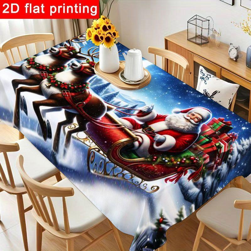 1pc Festive Christmas Tablecloth - Red & Green Cover with Santa Sleigh Design, Reusable & Easy to Clean for Holiday Party Decorations, Gatherings & In
