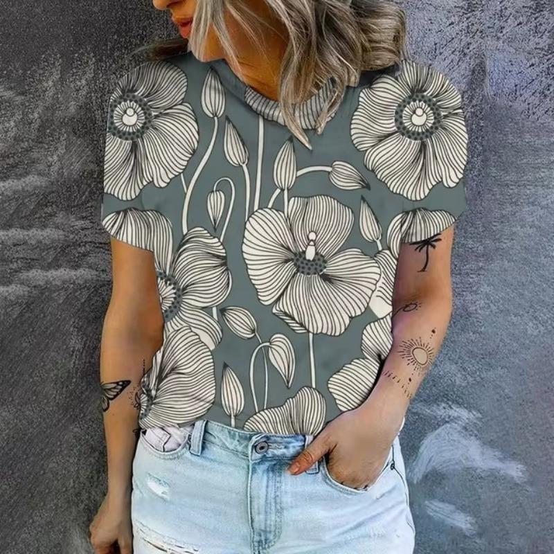 Elegant Women's T-shirt Fashion Retro Flower 3D Pattern Print T-shirt Women's Short Sleeved T-shirt Summer Leisure T-shirt