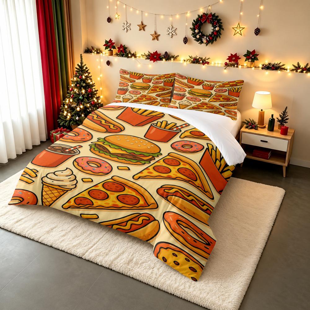 "Fast Food Cartoon Pattern Decorative Bedding setBedding set (1 duvet cover, 2 pillowcases, duvet not included)